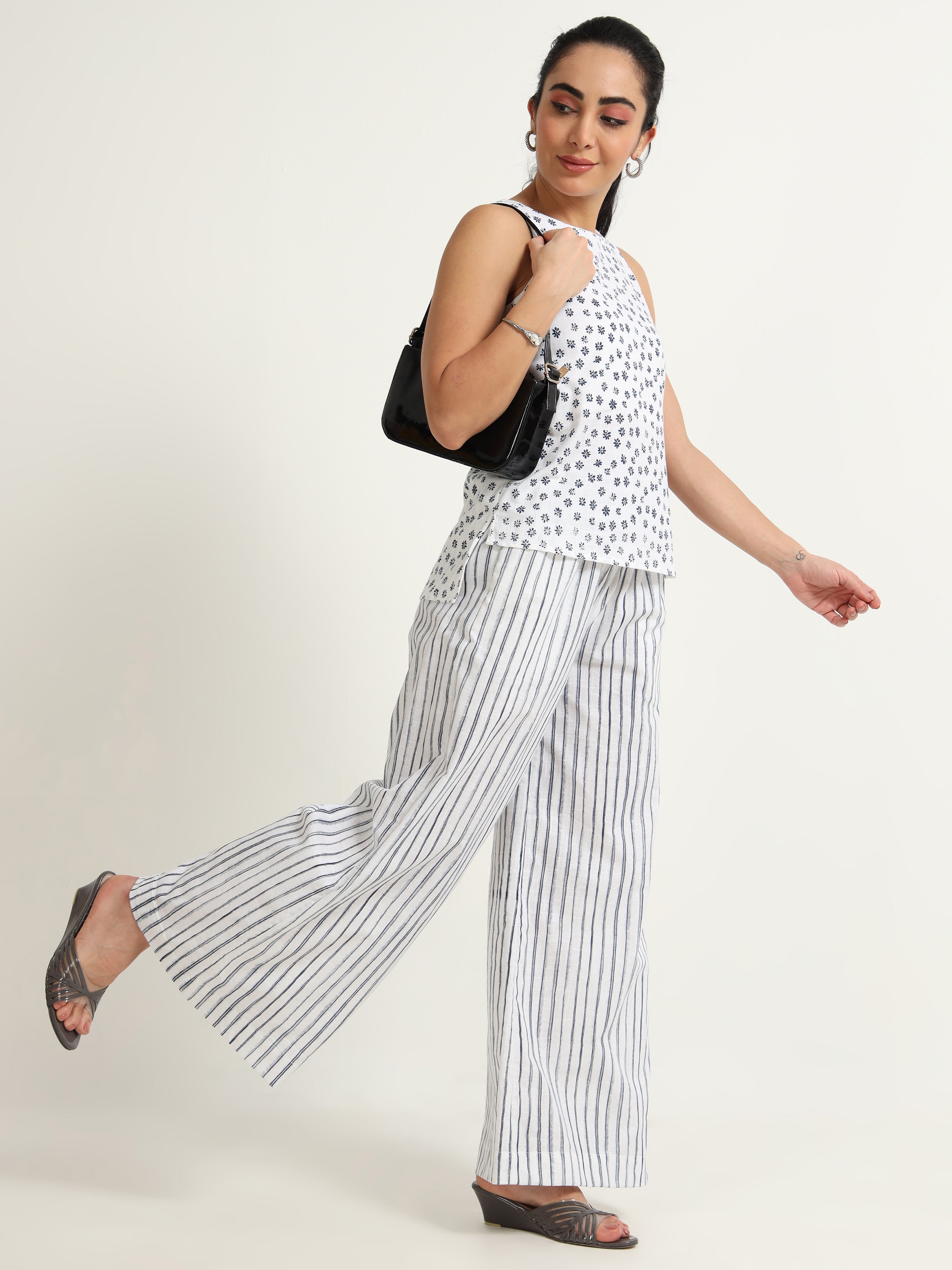 Organic Cotton Black Printed Cut Away Sleeveless, High Low Top