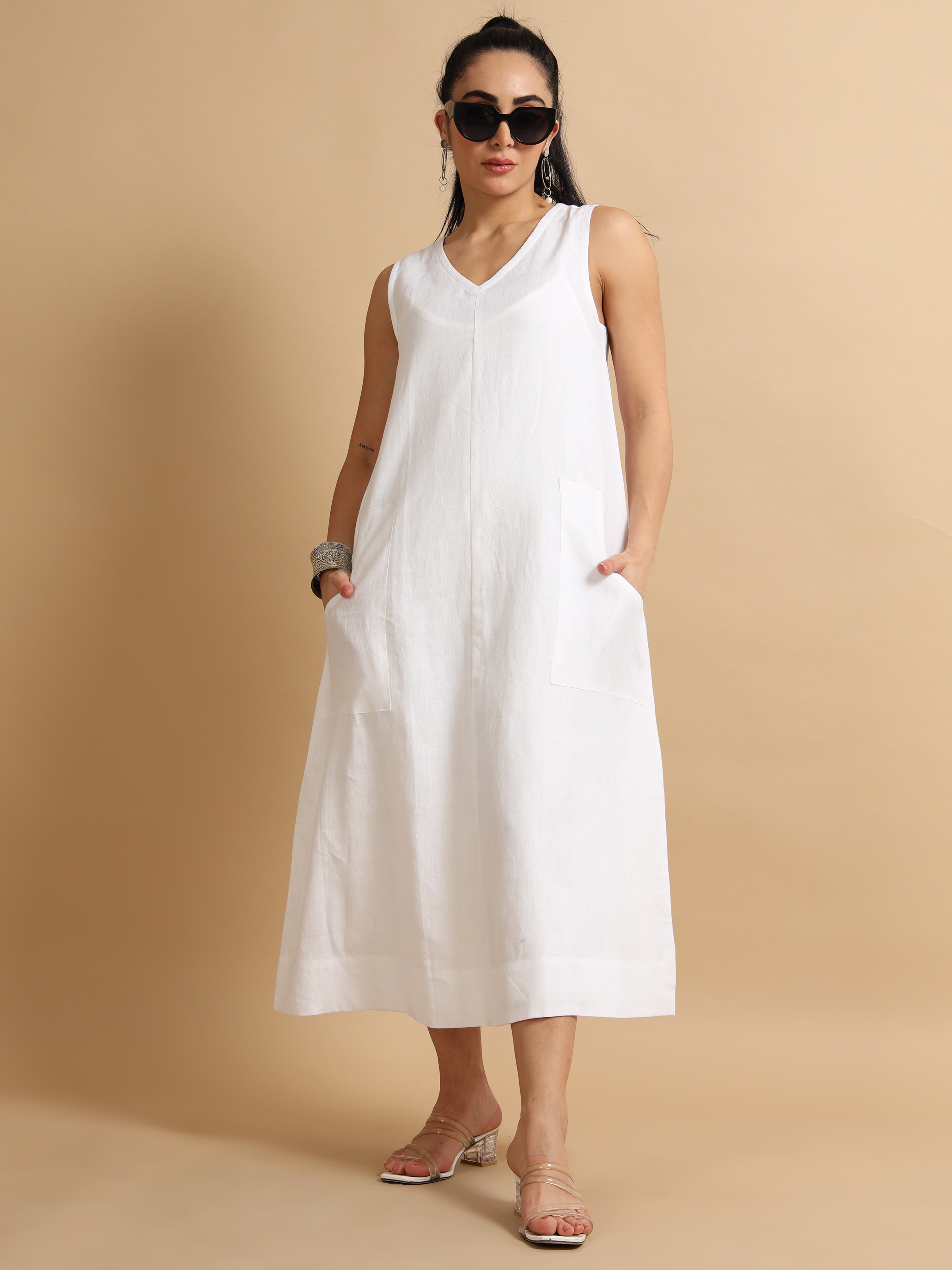 A-Line White Midi Dress