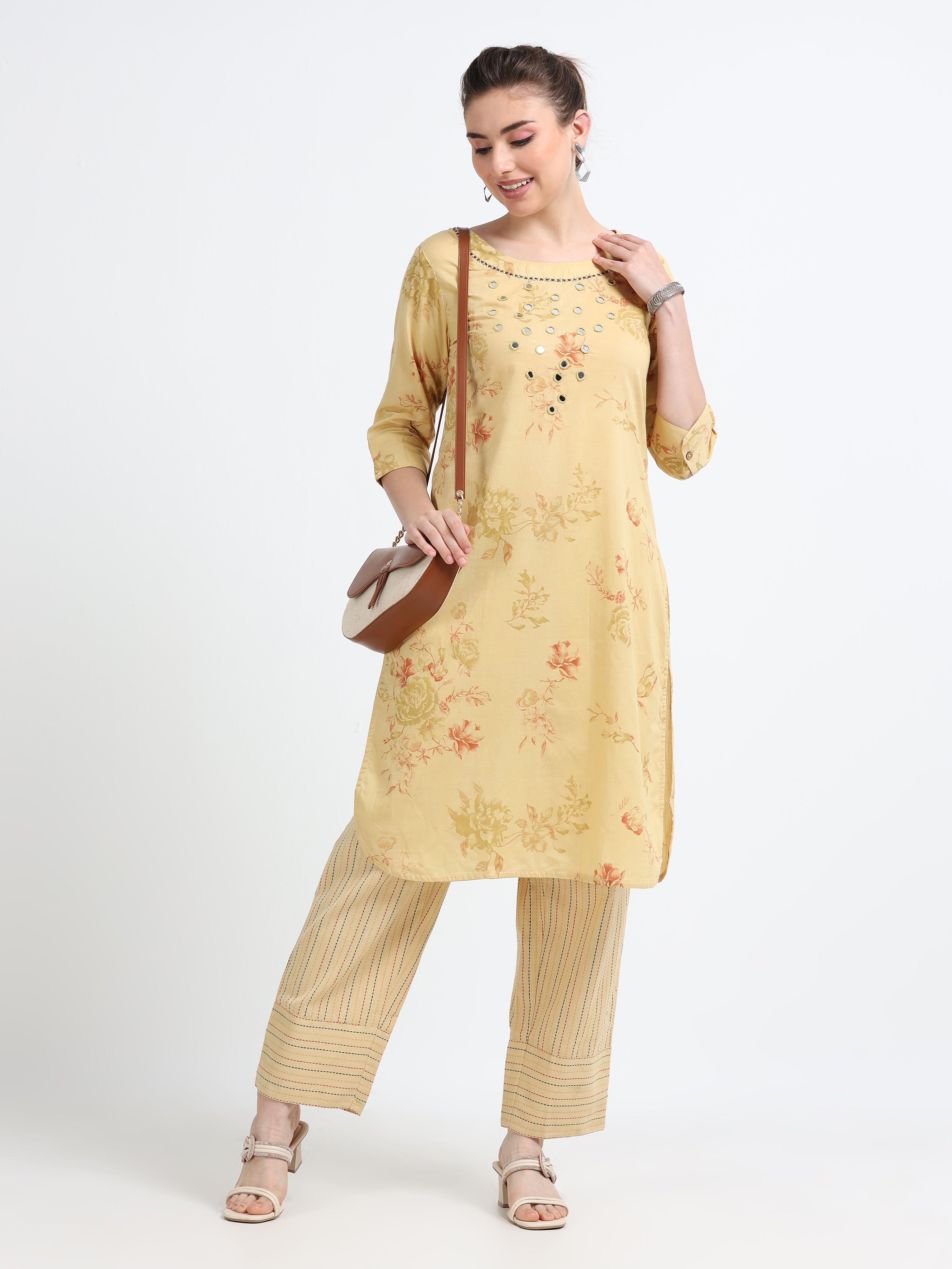 Round neck , knee length mirror work Top