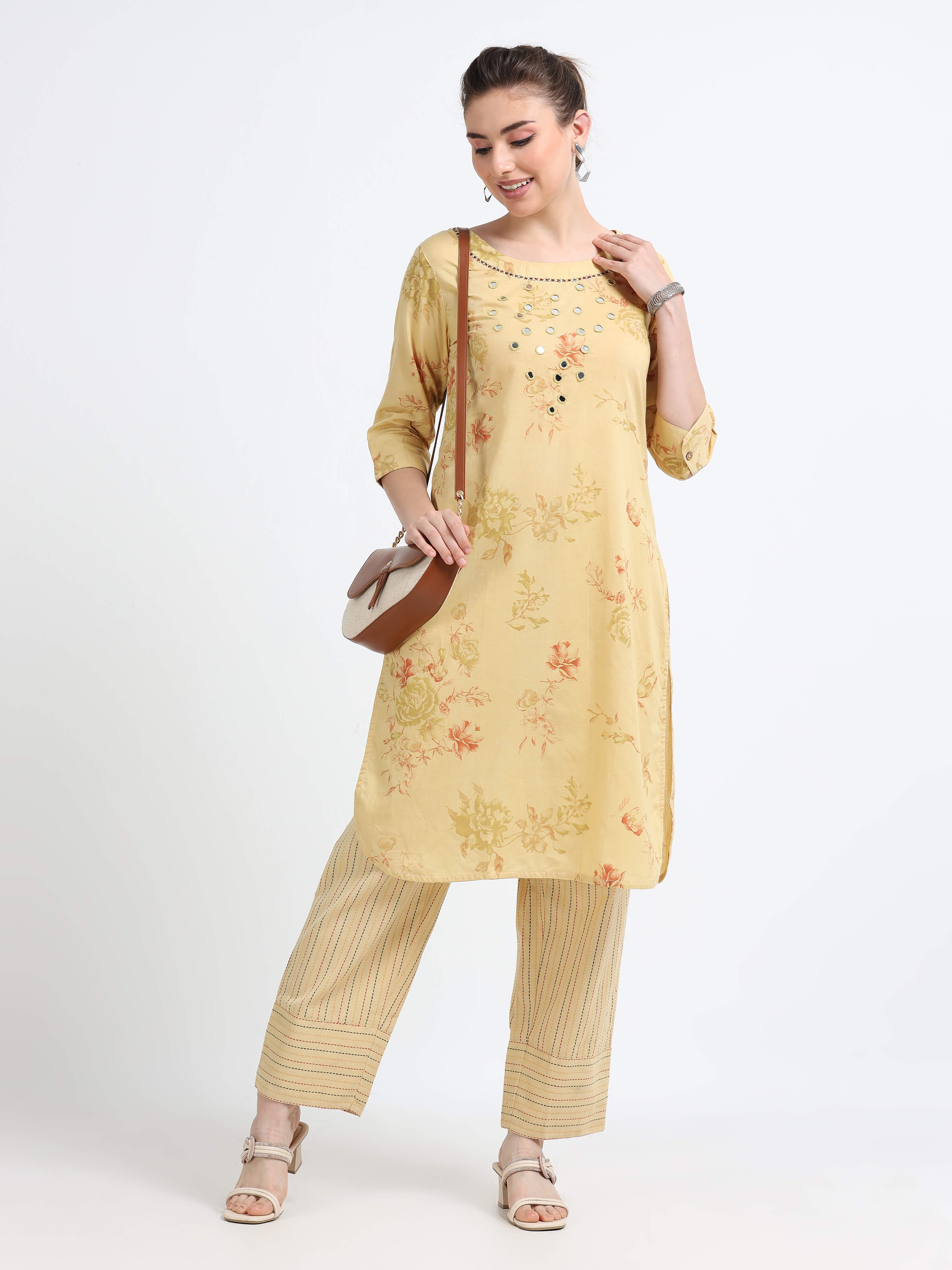 Round neck , knee length mirror work Top - Reepeat