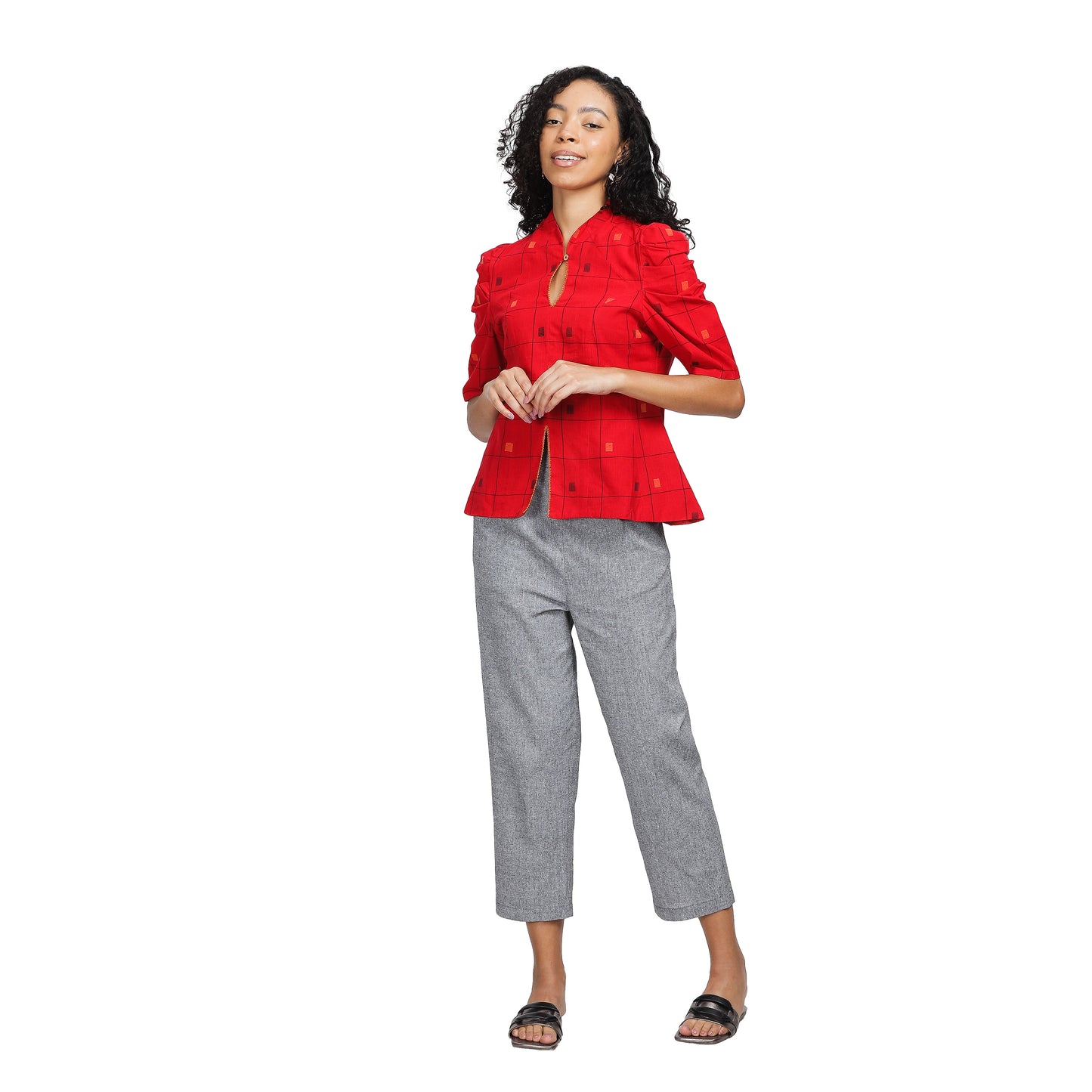 GATSBY Peplum hand-woven top with stylized sleeves, embroidered hem and cotton lining