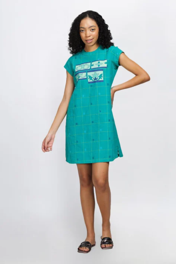 Emerald-Hand Woven Dress With Lining And Pockets, Front Print Inspired By Athangudi Tile
