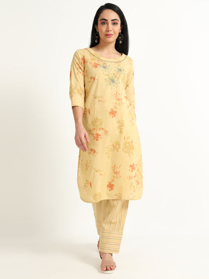 Floral printed with Embroidery detailing Round neck Kurta