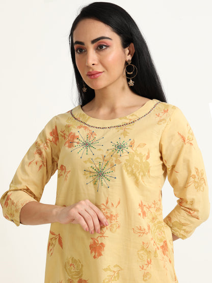 Floral printed with Embroidery detailing Round neck Kurta