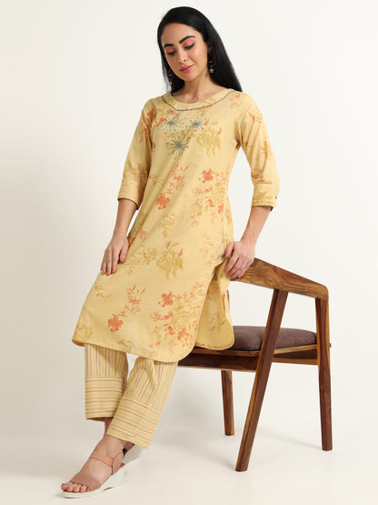 Floral printed with Embroidery detailing Round neck Kurta