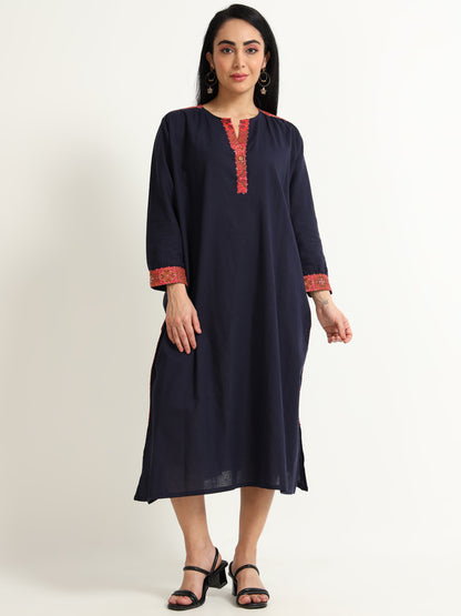 Navy blue dress with red detailing