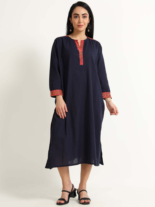 Navy Blue Dress With Red Detailing - Reepeat