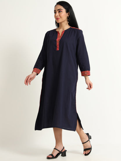 Navy blue dress with red detailing