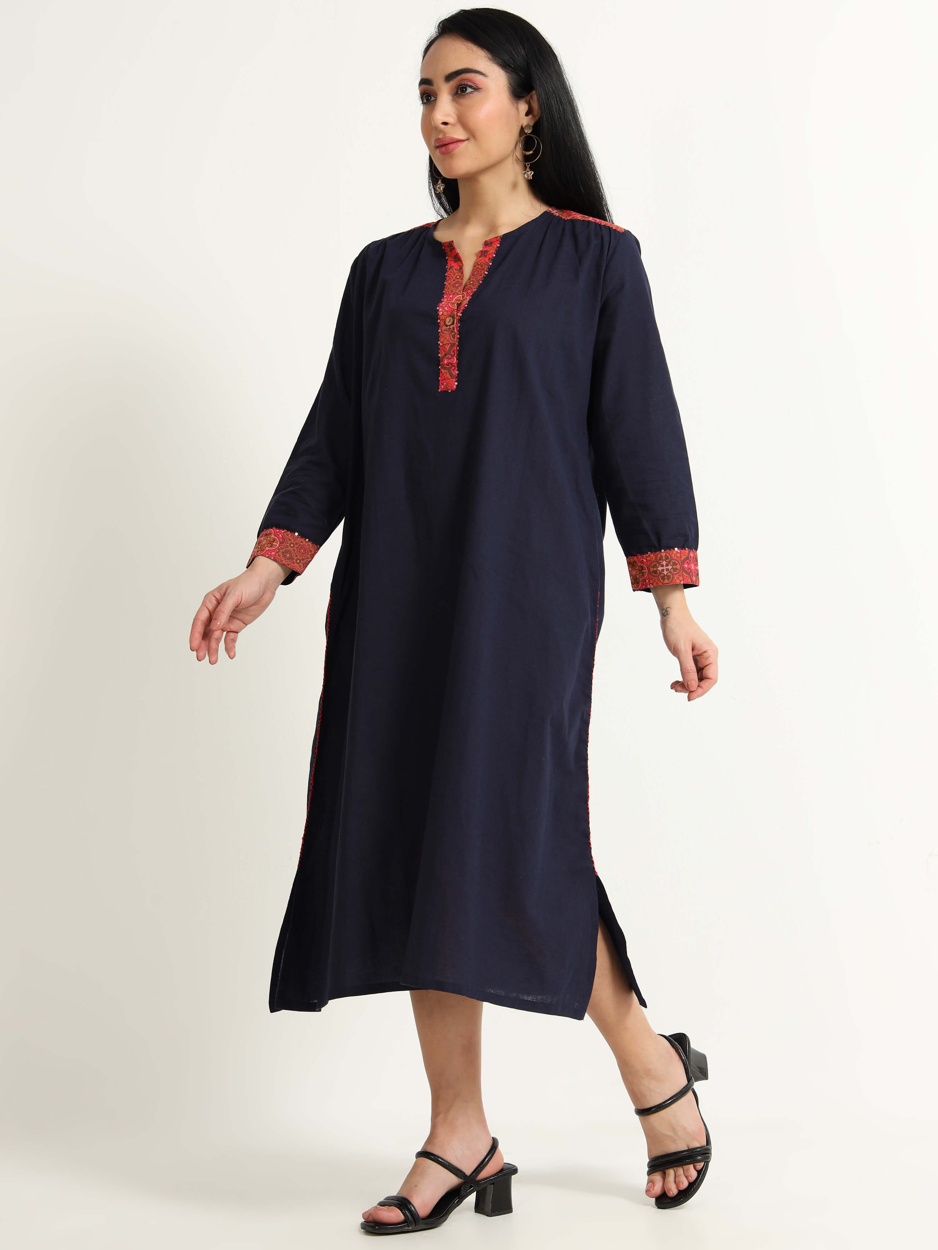 Navy Blue Dress With Red Detailing - Reepeat