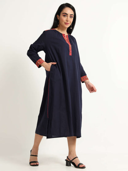 Navy Blue Dress With Red Detailing - Reepeat