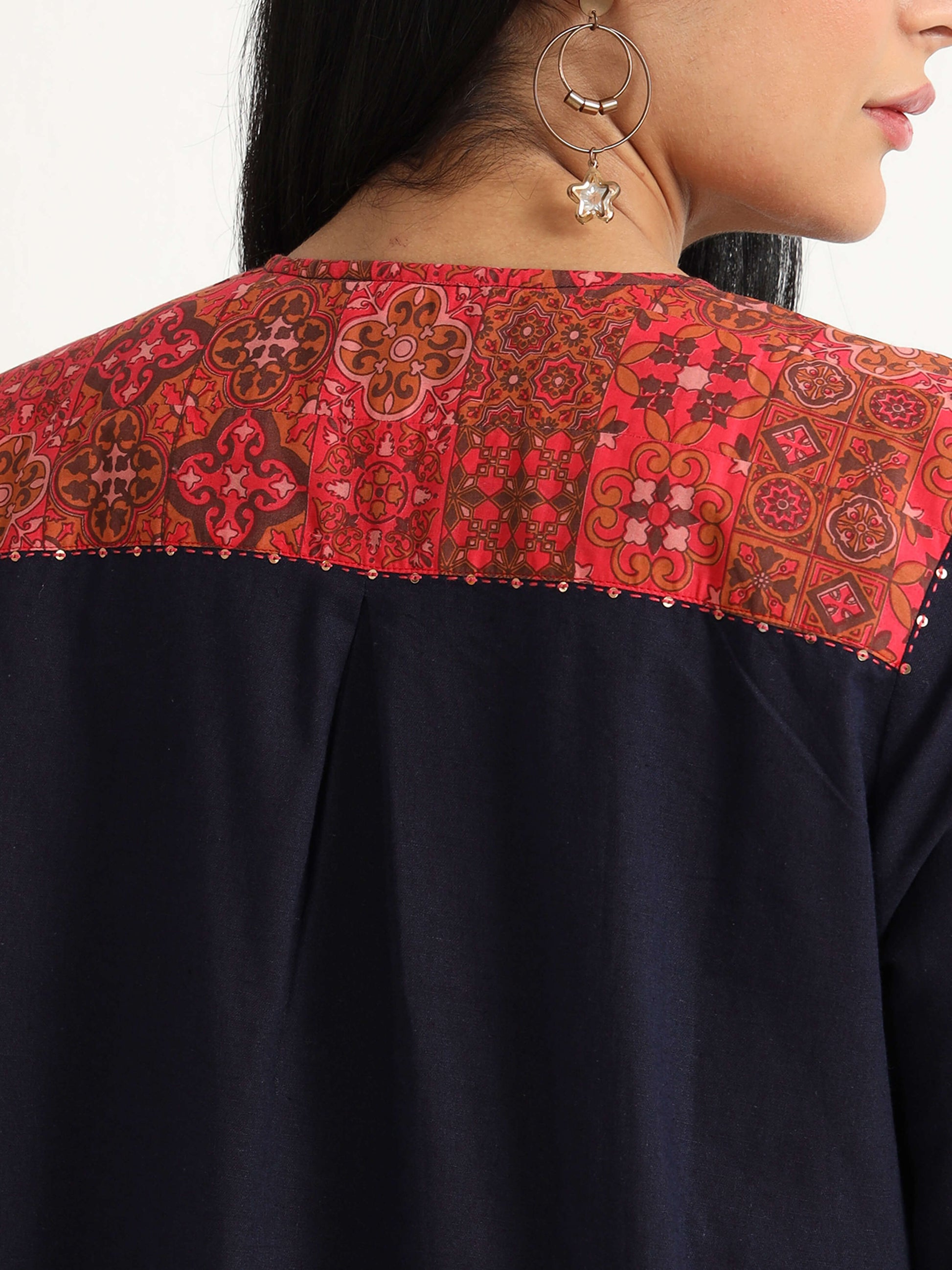 Navy Blue Dress With Red Detailing - Reepeat