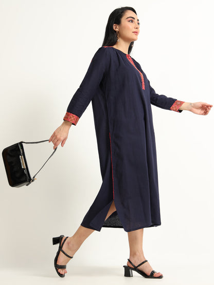 Navy blue dress with red detailing