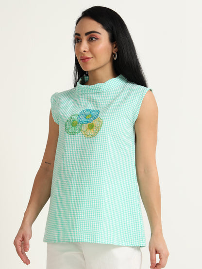 A Caual Organic Cotton  sleeveless Top With Thread Embroidery Detailing