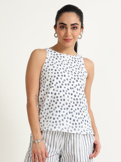 Organic cotton Black printed cut away Sleeveless, high low top Top