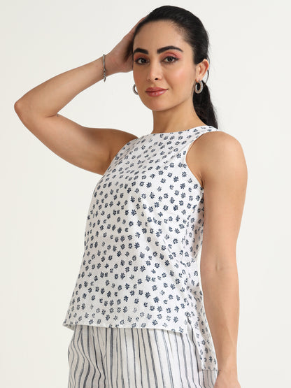 Organic cotton Black printed cut away Sleeveless, high low top Top