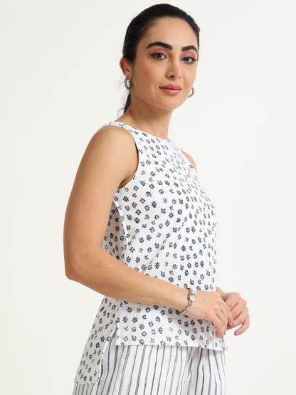 Organic cotton Black printed cut away Sleeveless, high low top Top