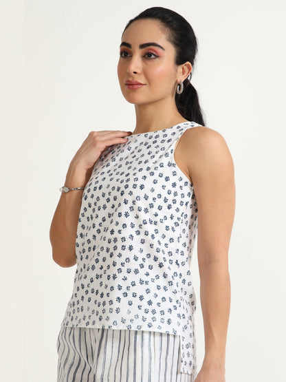 Organic cotton Black printed cut away Sleeveless, high low top Top