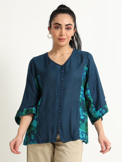 Midnight Blue A-Line Top With Handloom Floral Print Panel