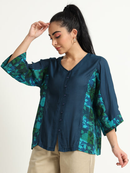 Midnight Blue A-Line Top With Handloom Floral Print Panel