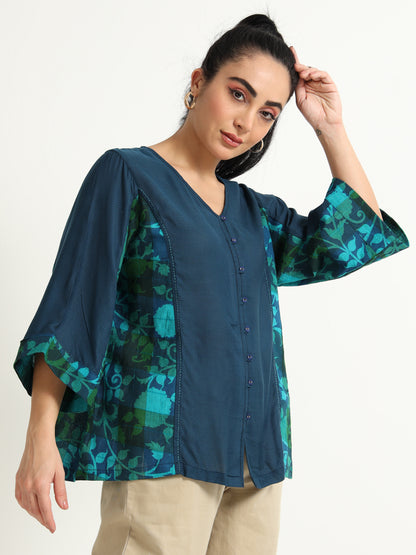 Midnight Blue A-Line Top With Handloom Floral Print Panel