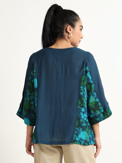 Midnight Blue A-Line Top With Handloom Floral Print Panel