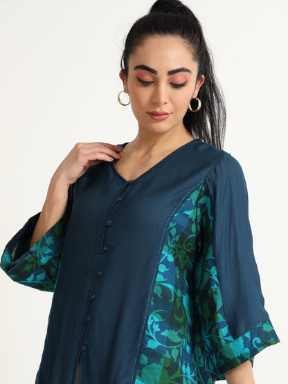 Midnight Blue A-Line Top With Handloom Floral Print Panel