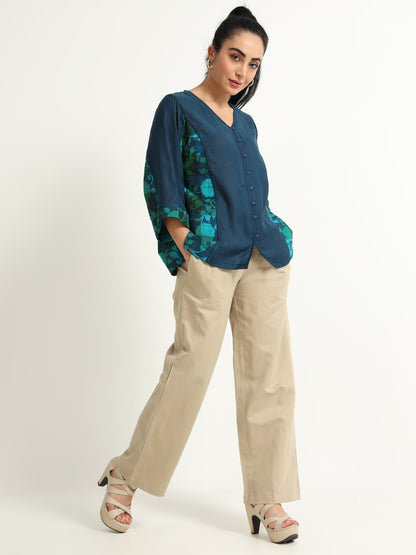 Midnight Blue A-Line Top With Handloom Floral Print Panel