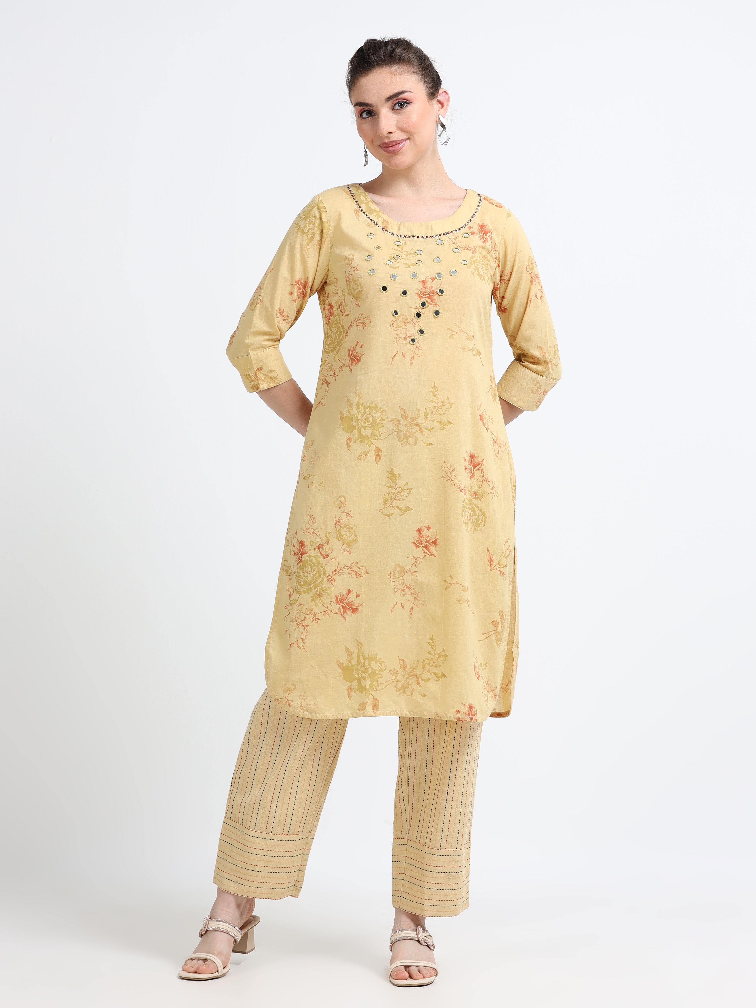 Round neck , knee length mirror work Top