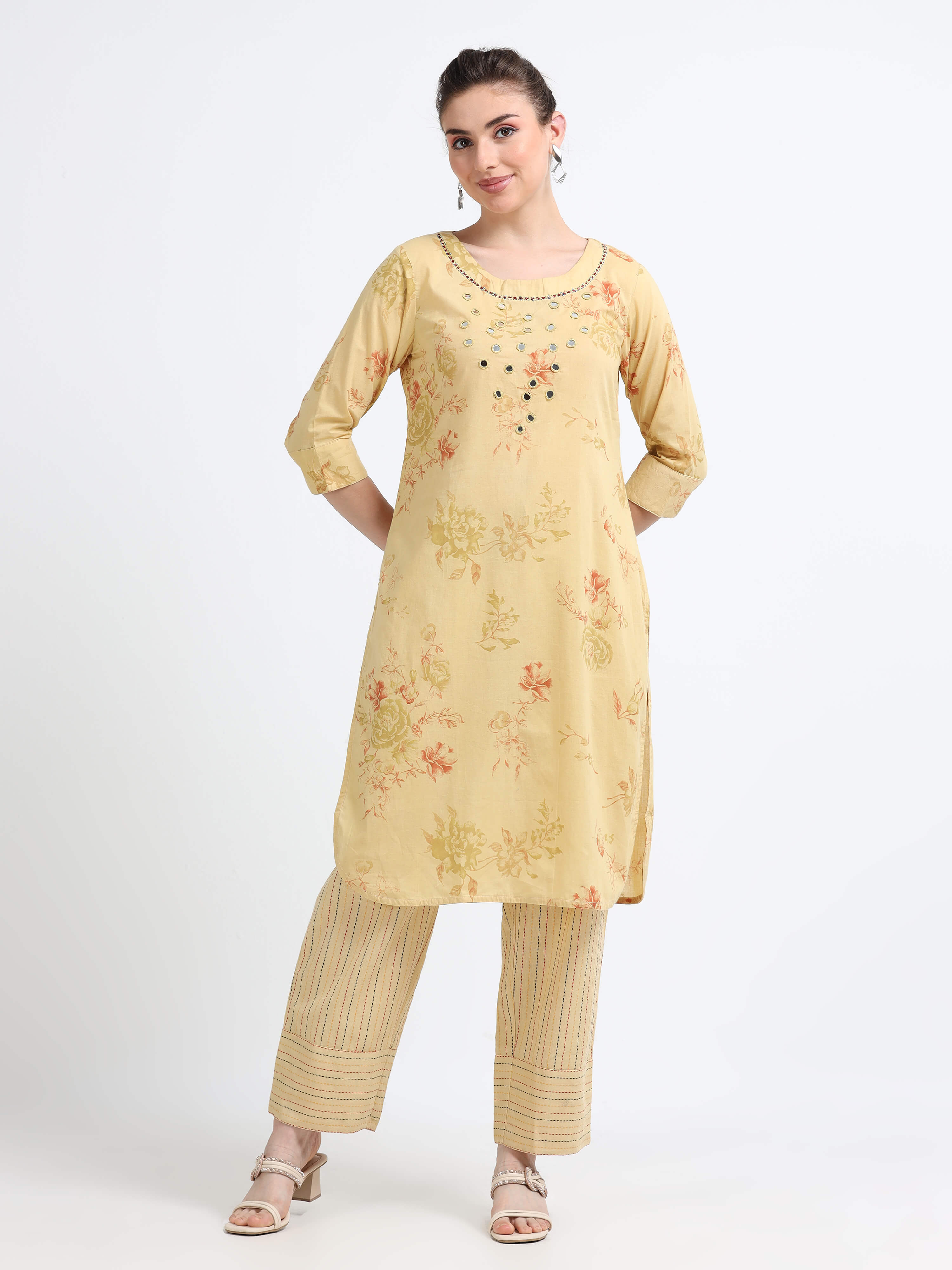 Round neck , knee length mirror work Top - Reepeat