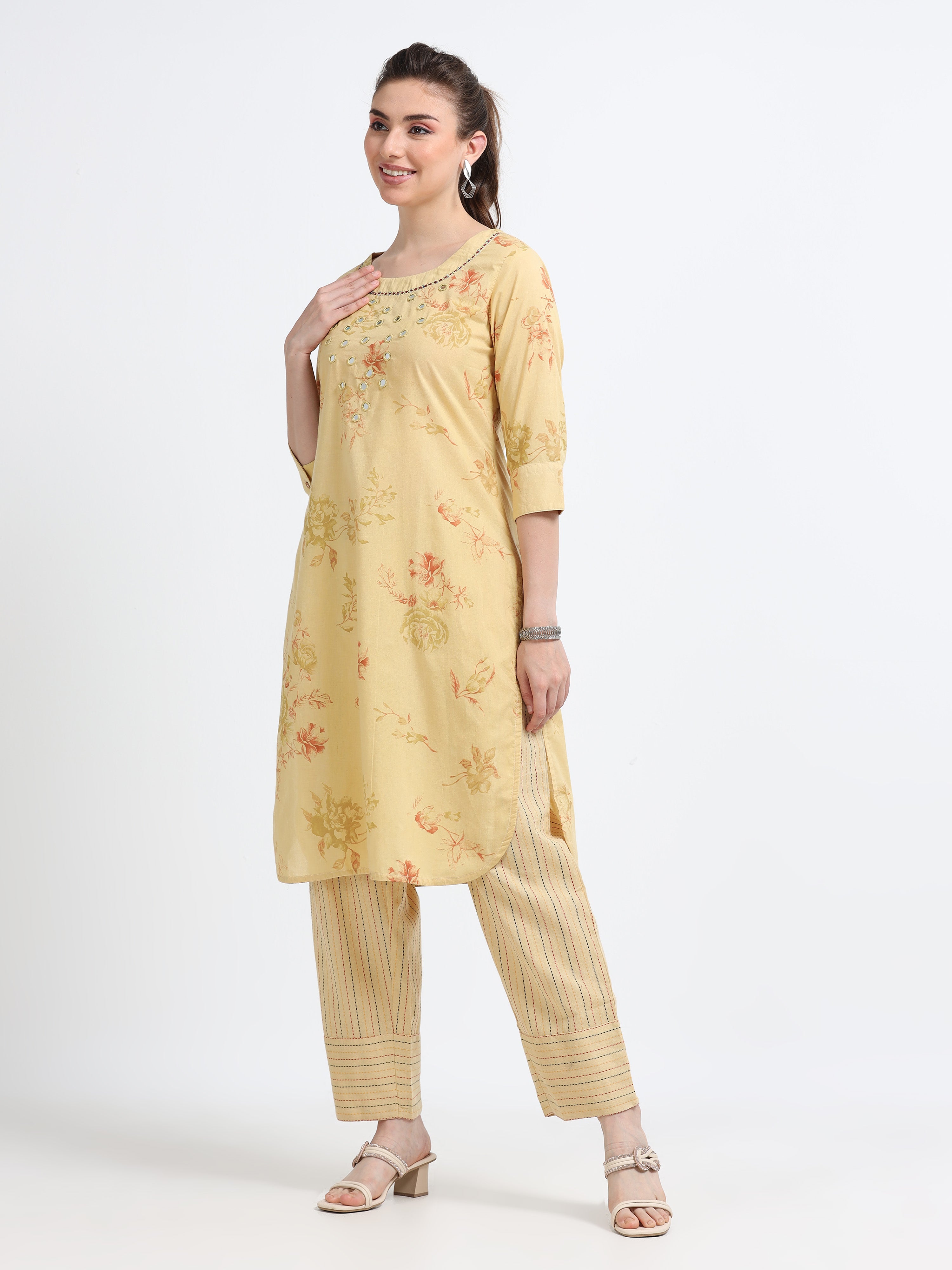 Round neck , knee length mirror work Top