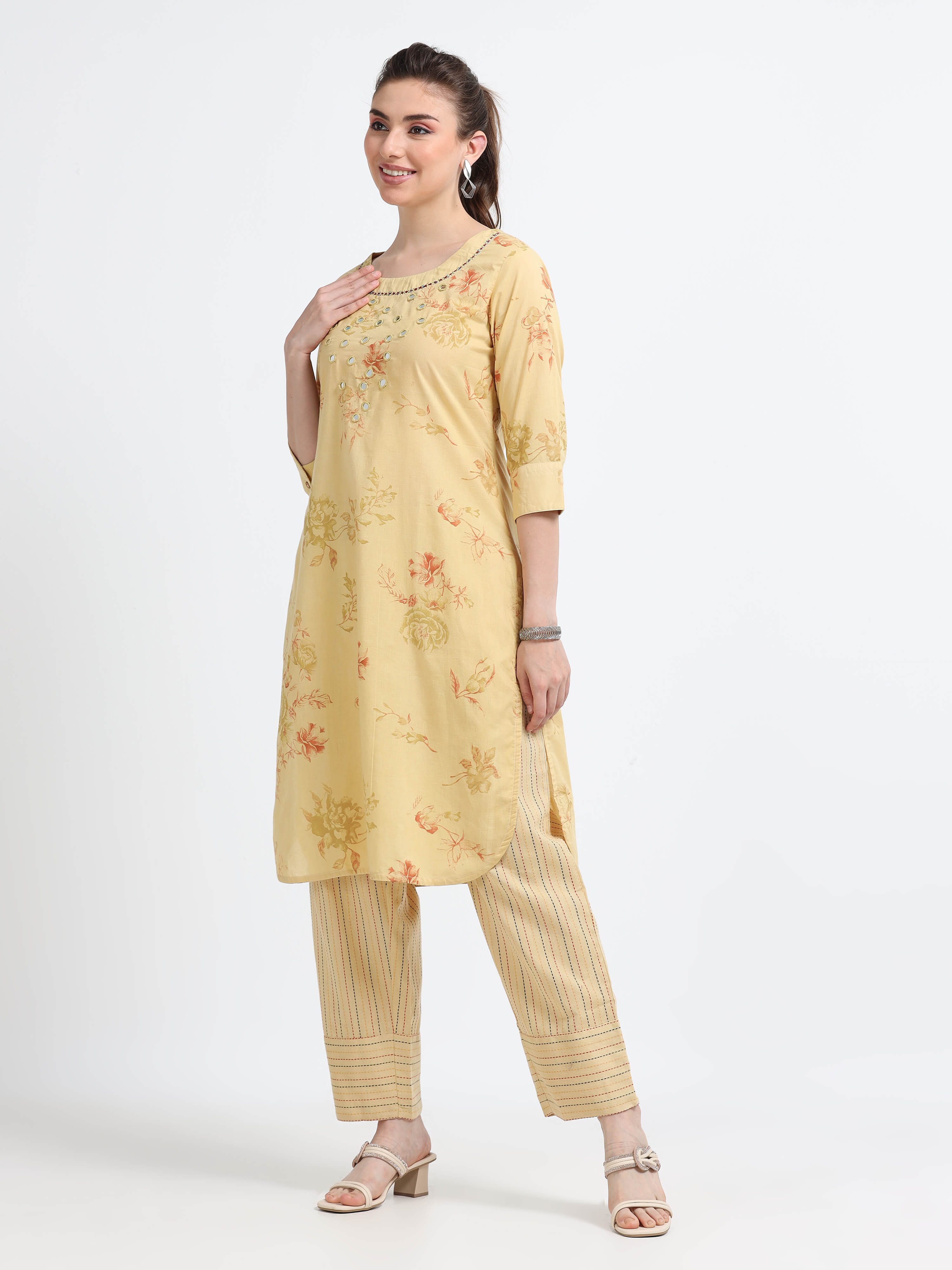 Round neck , knee length mirror work Top - Reepeat