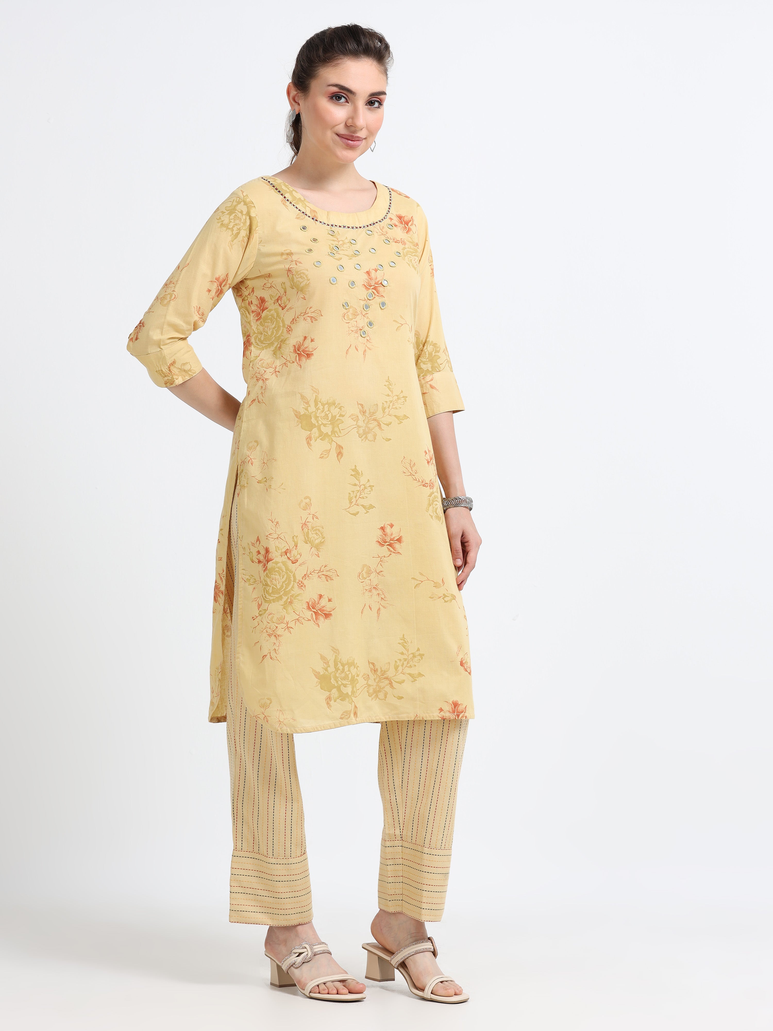 Round neck , knee length mirror work Top