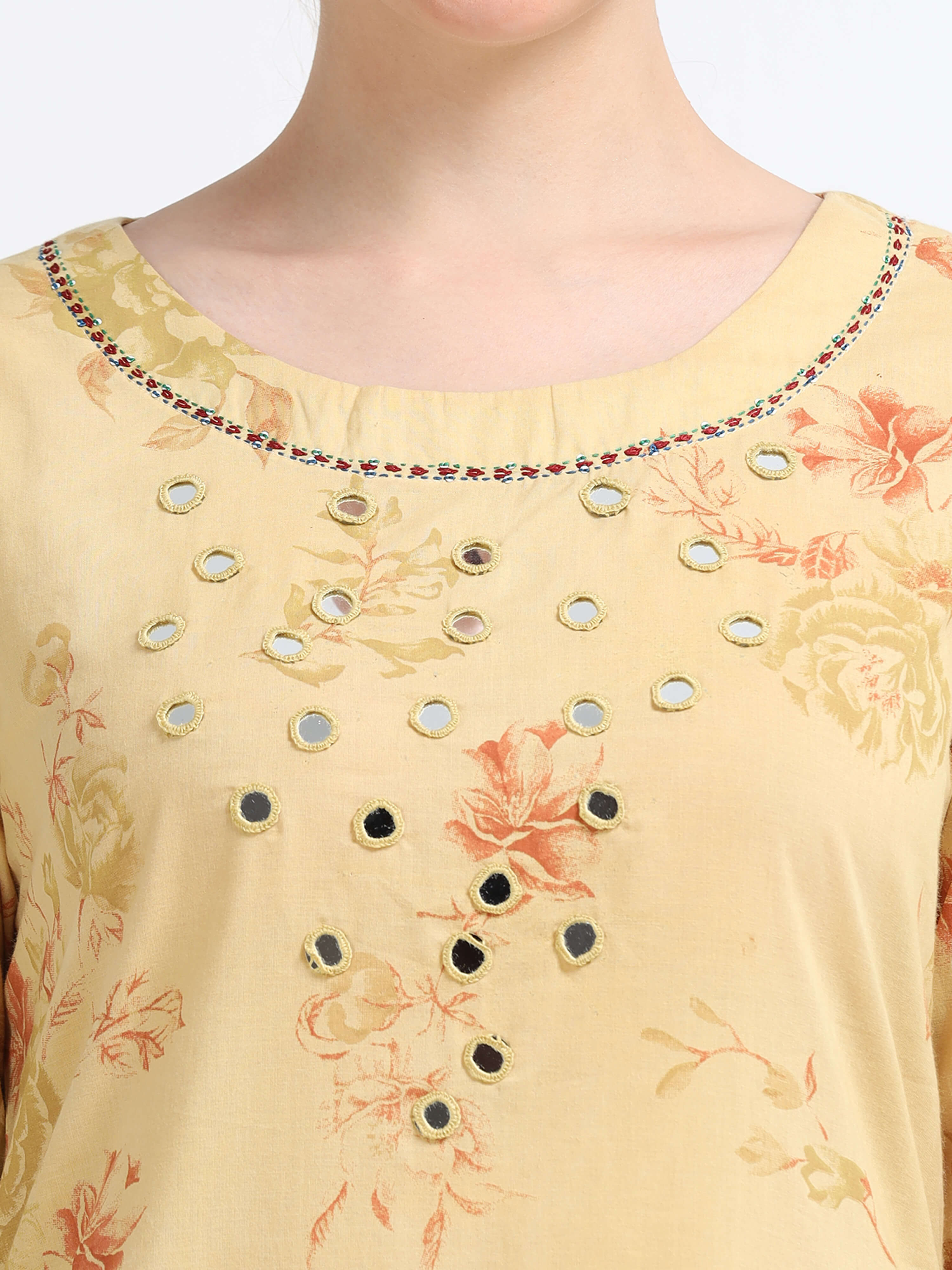 Round neck , knee length mirror work Top - Reepeat
