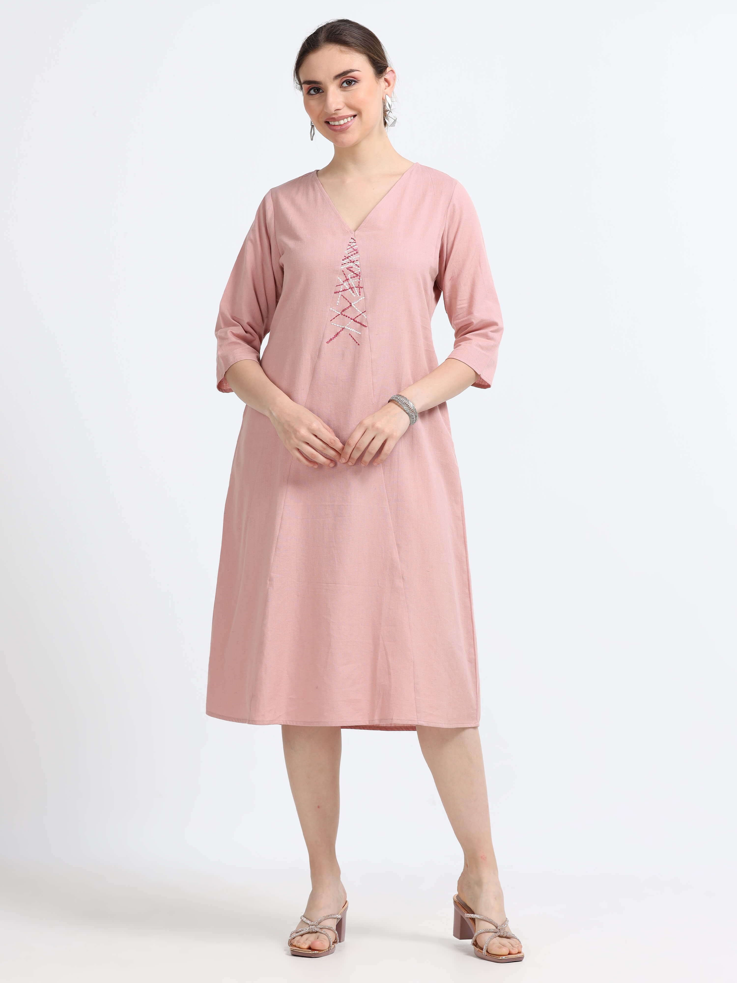 3/4th sleeve , Knee Length Panel Dress - Reepeat