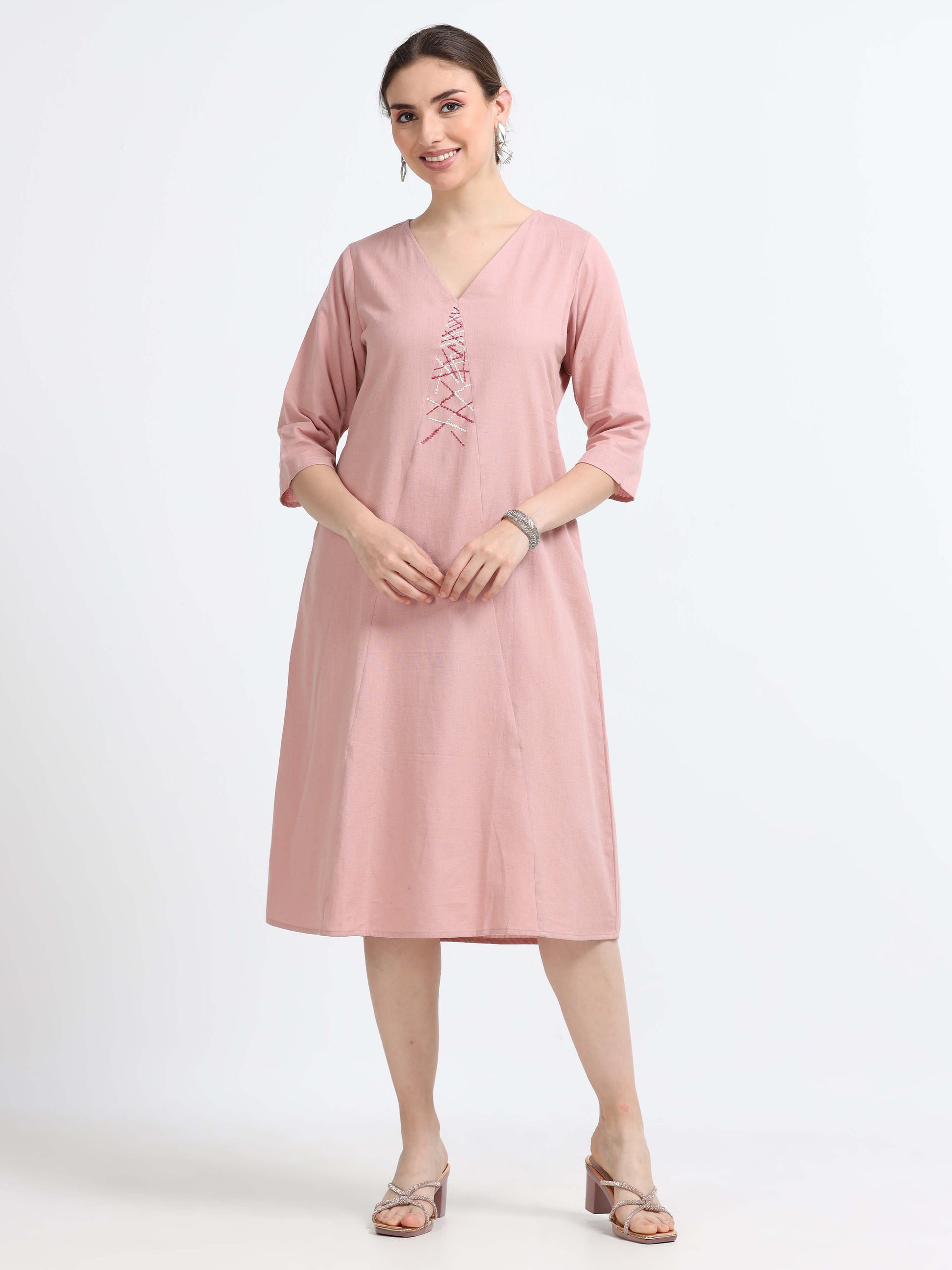 3/4th sleeve , Knee Length Panel Dress - Reepeat