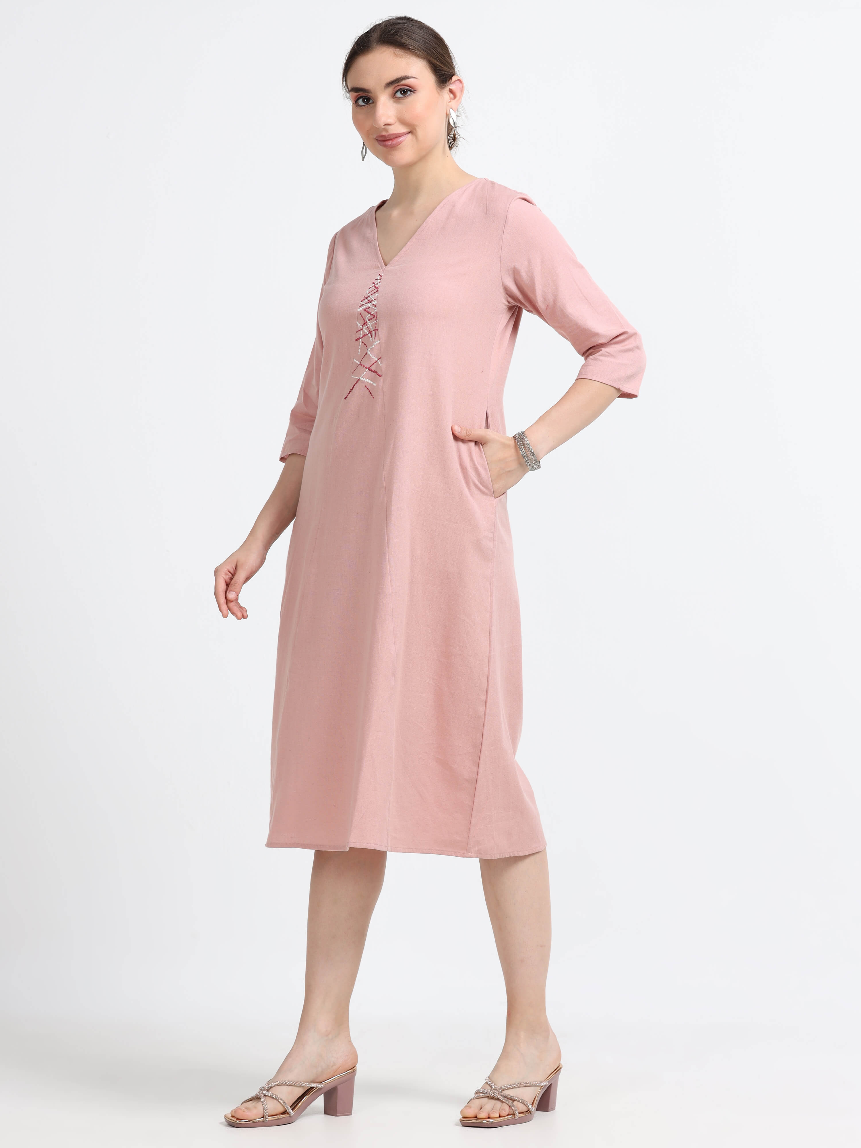 3/4th sleeve , Knee Length Panel Dress - Reepeat