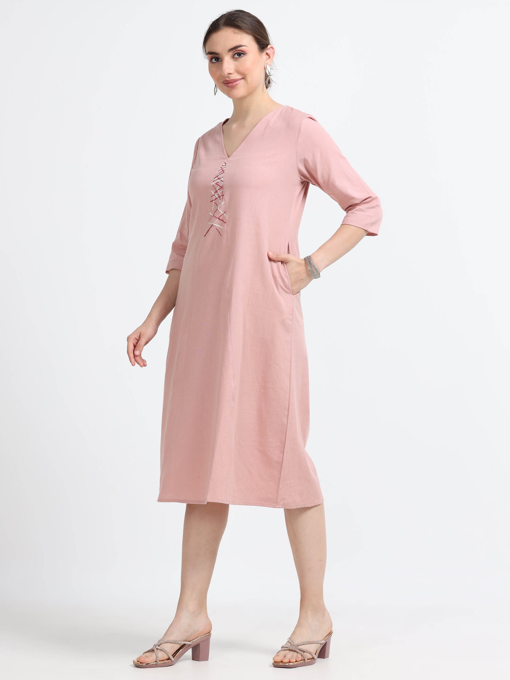 3/4th sleeve , Knee Length Panel Dress - Reepeat