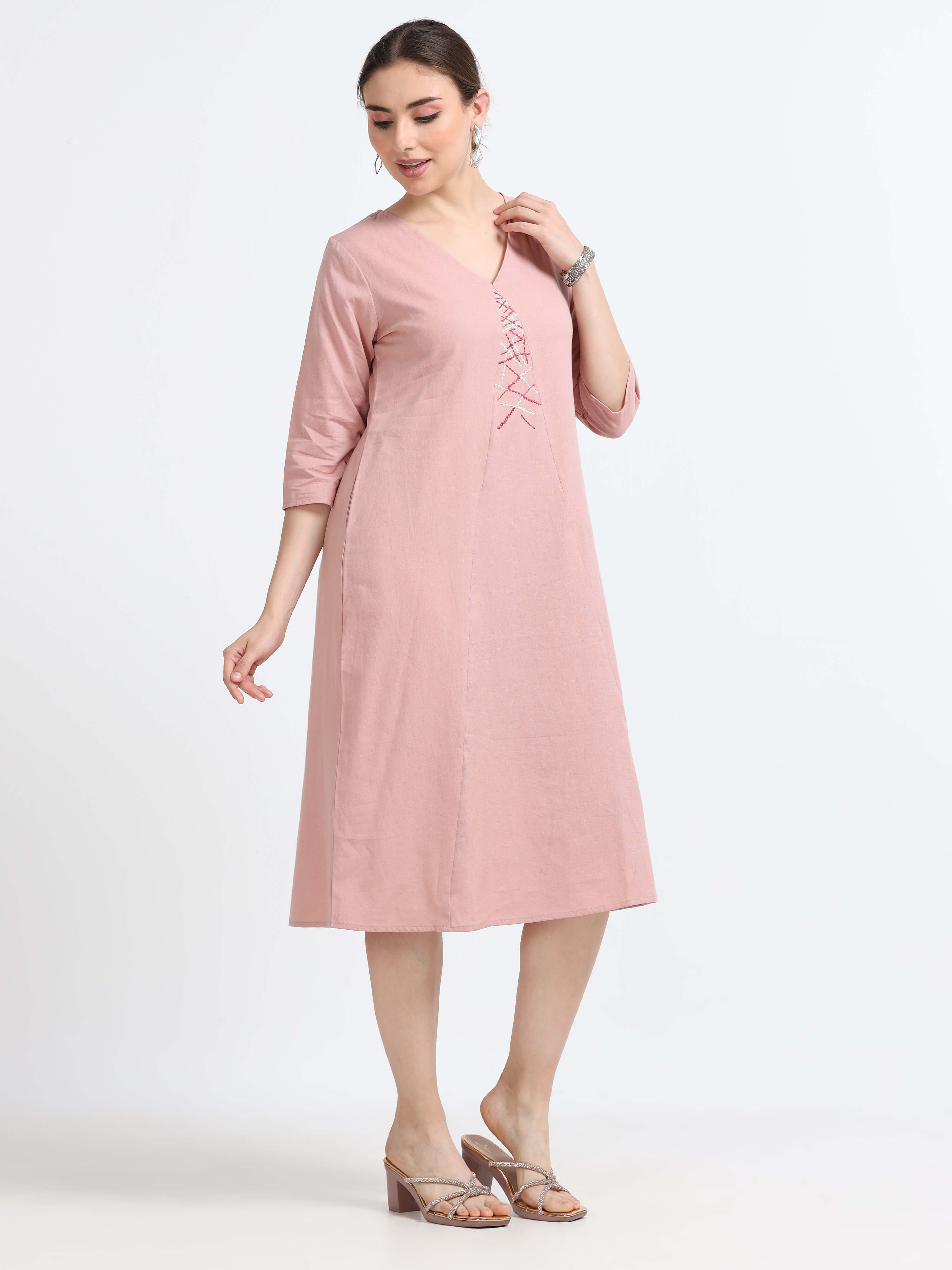 3/4th sleeve , Knee Length Panel Dress - Reepeat
