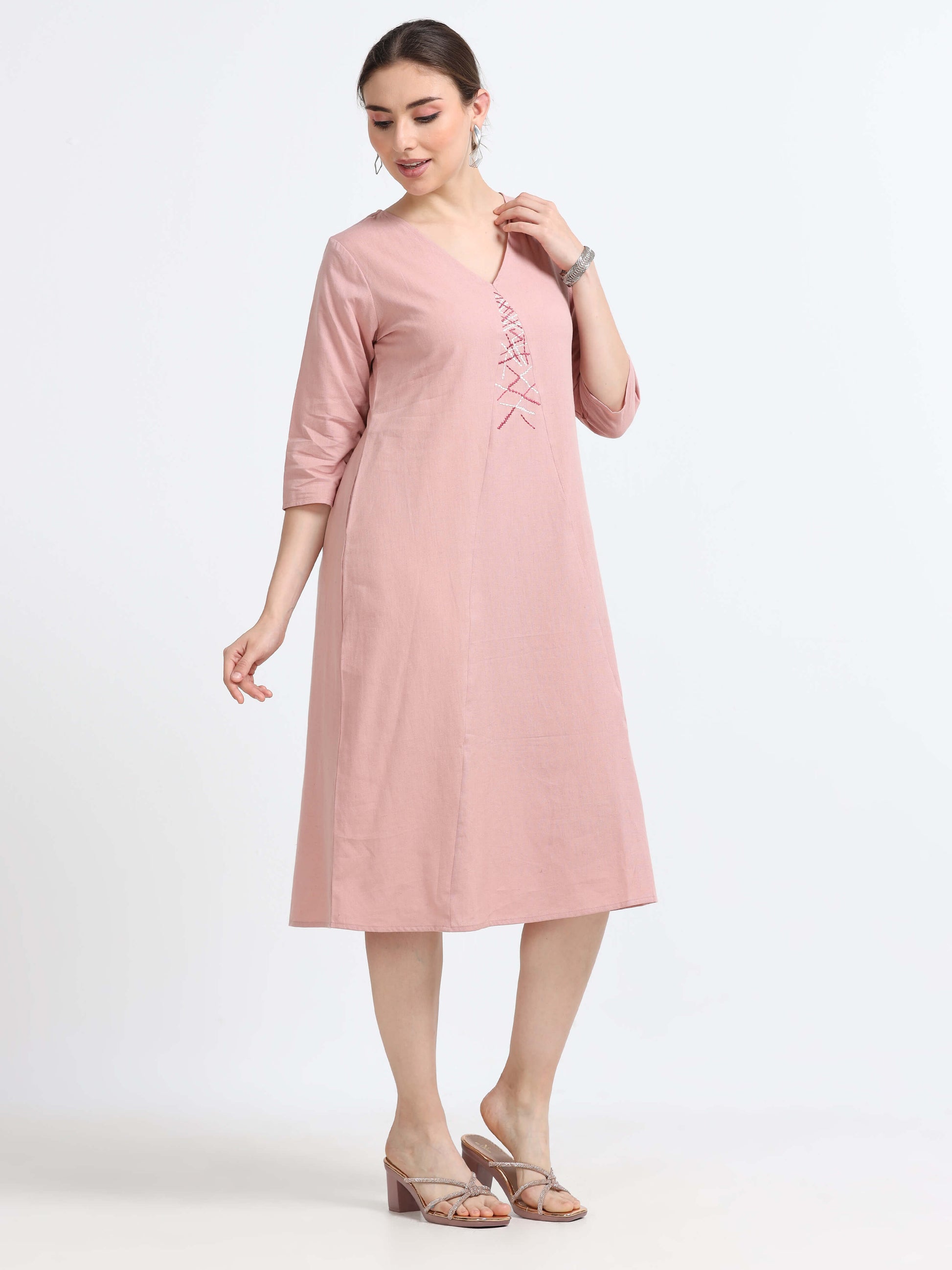 3/4th sleeve , Knee Length Panel Dress - Reepeat