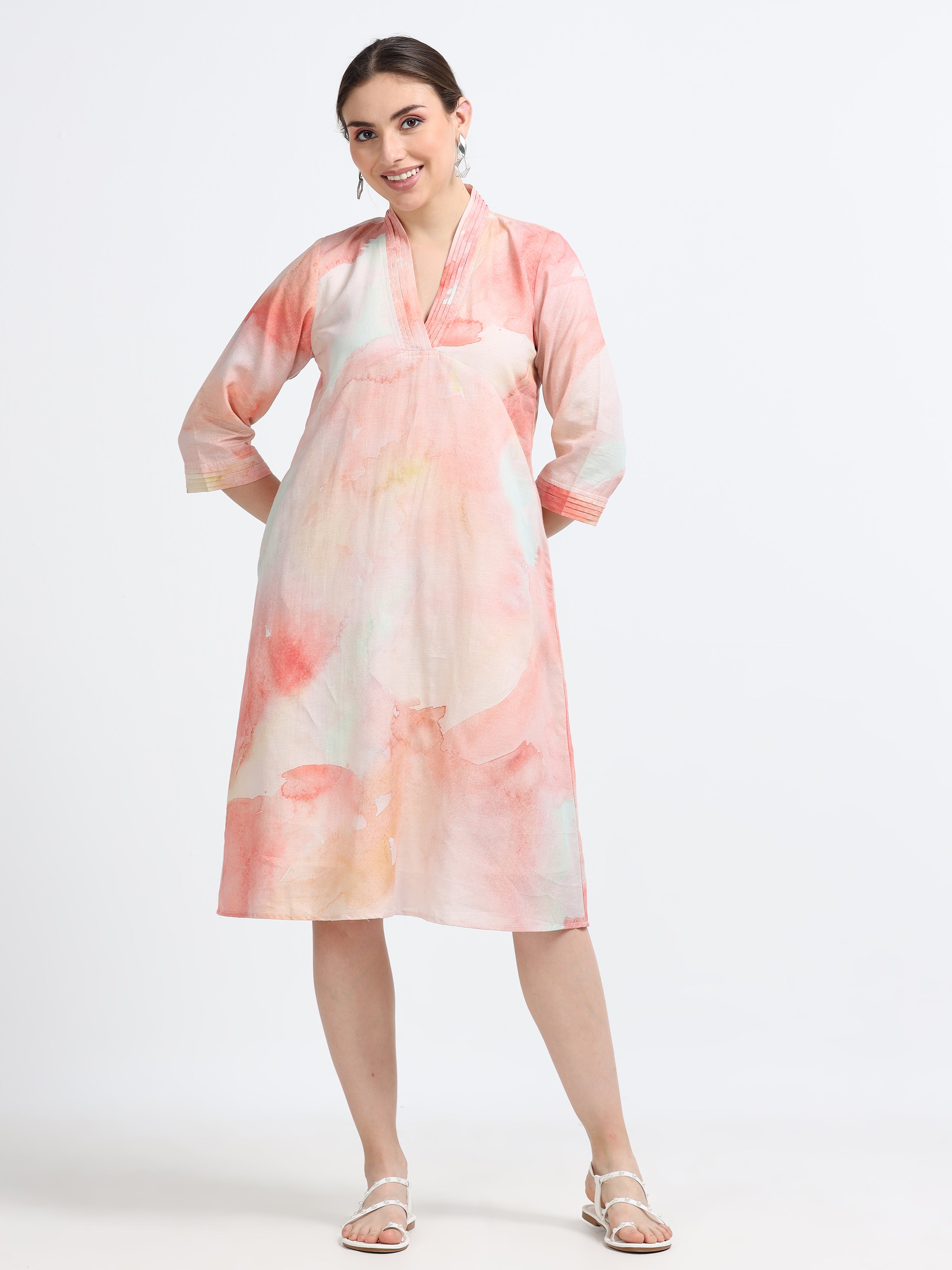 Pleated Collared Dress With Pockets And Lining