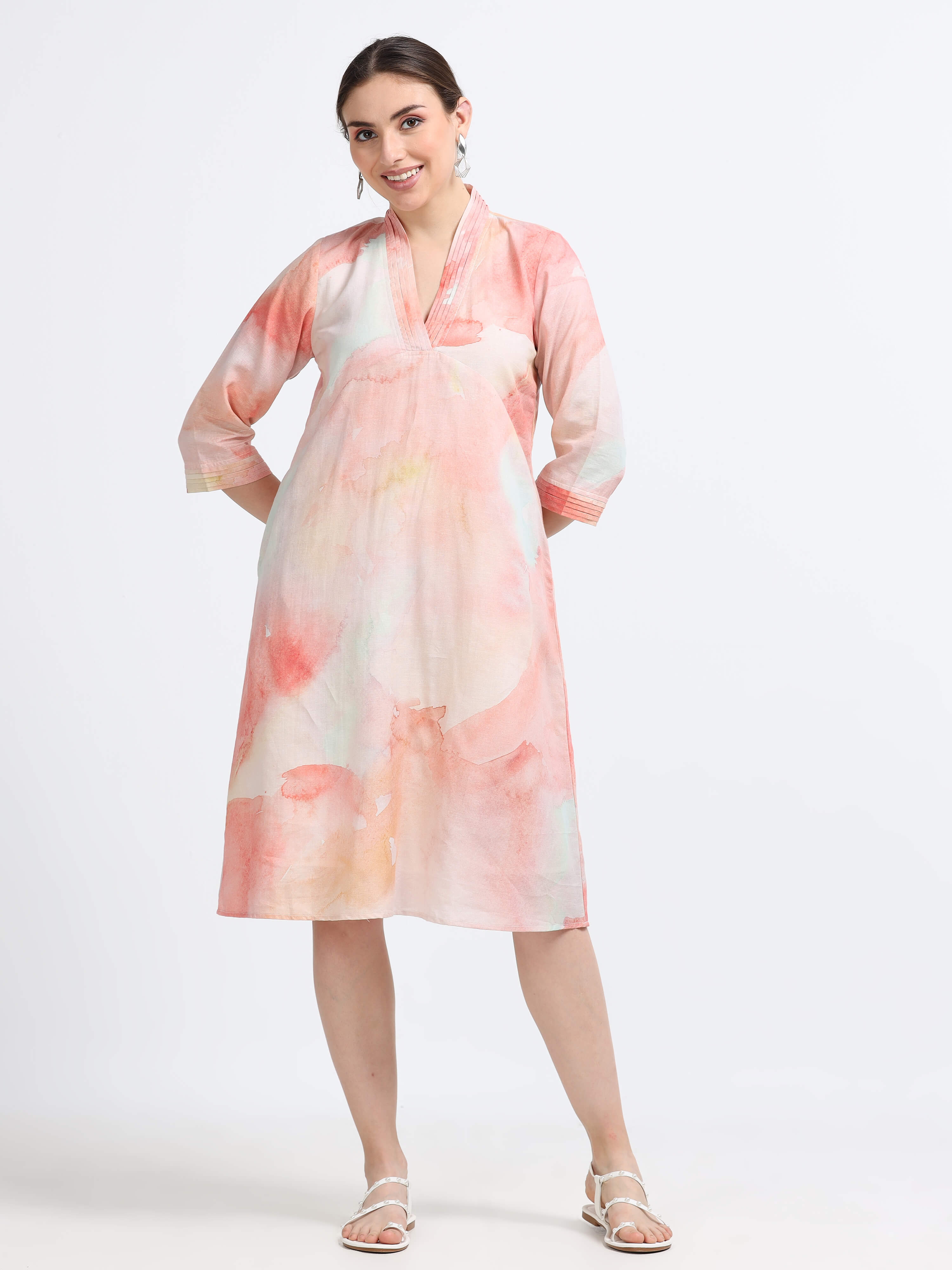 Pleated Collared Dress With Pockets And Lining - Reepeat