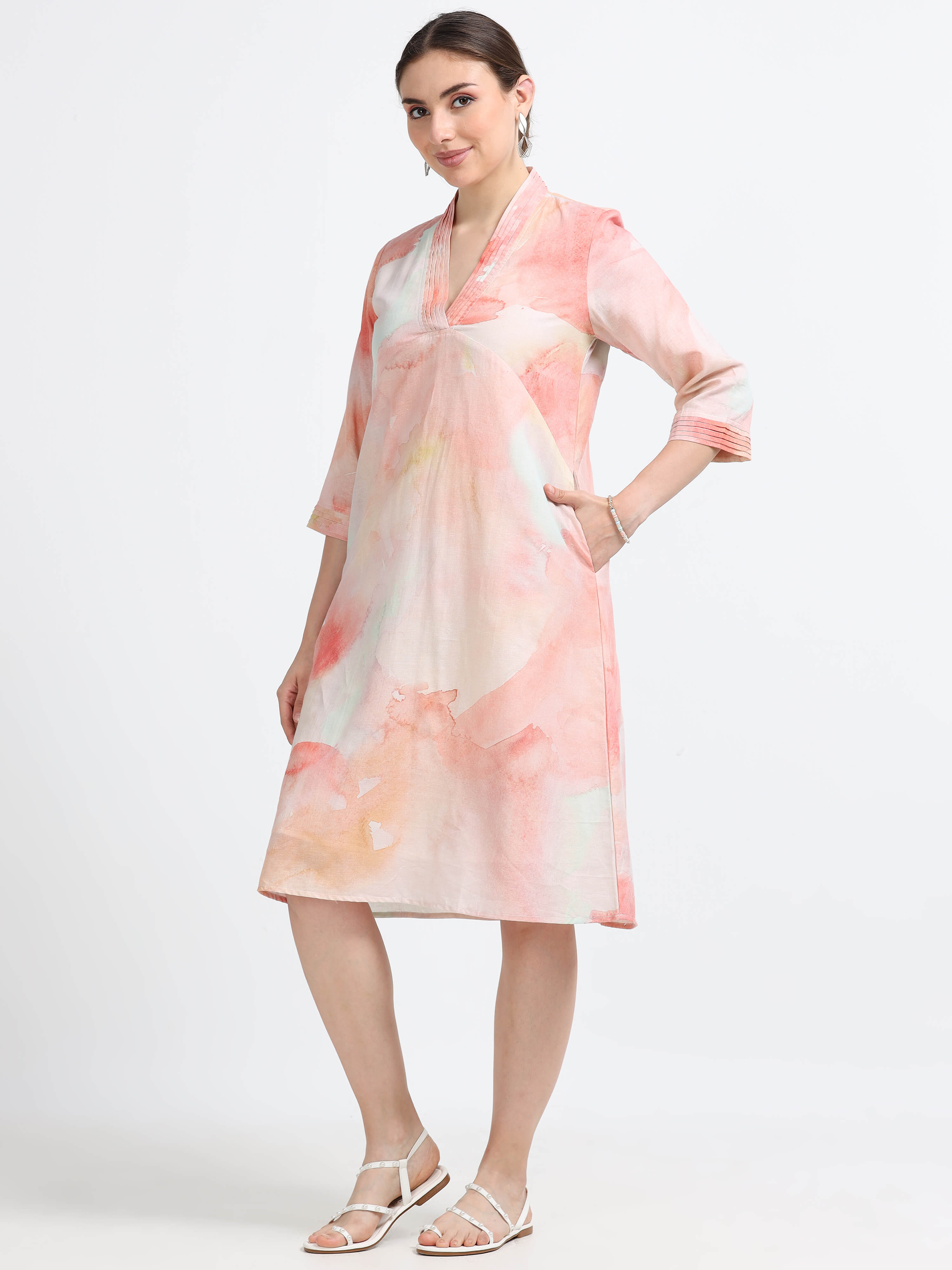 Pleated Collared Dress With Pockets And Lining - Reepeat