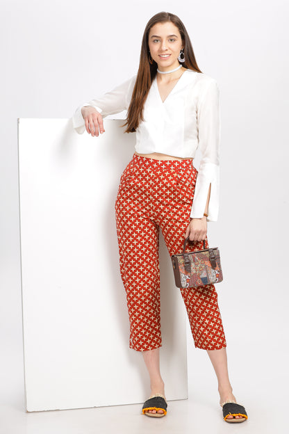 Alpana Cotton Hand Block Printed Ankle-Length Trouser