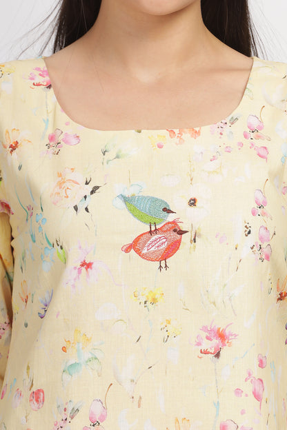  printed  linen dress with embroidery and lining