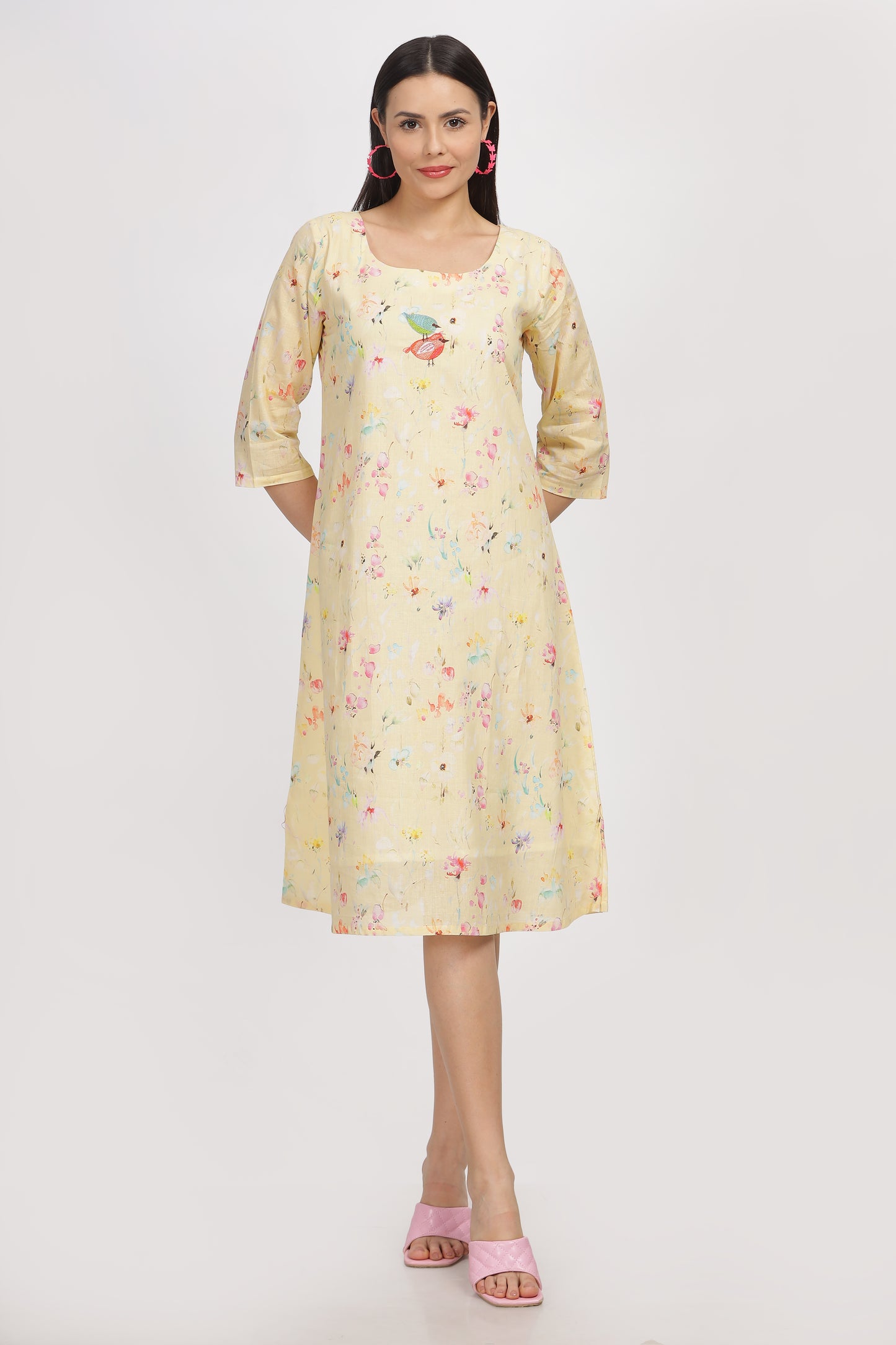 Sarita A line digital printed  linen dress with embroidery and lining