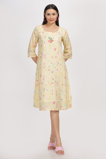 printed  linen dress with embroidery and lining