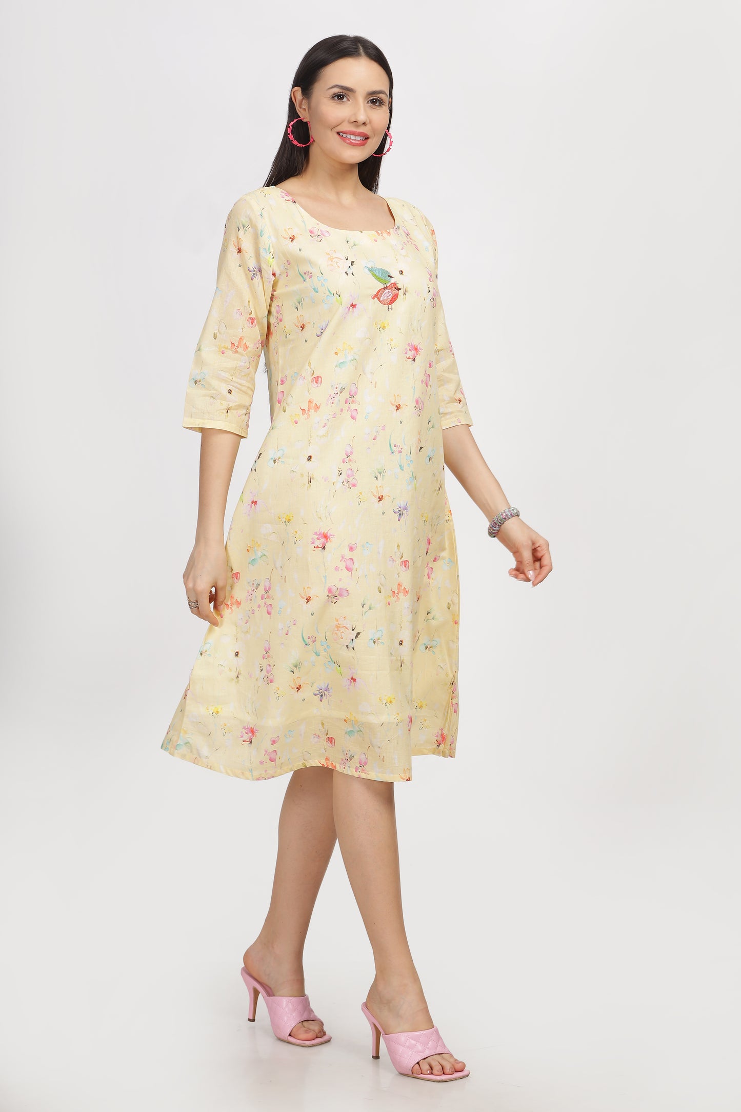 Sarita A line digital printed  linen dress with embroidery and lining