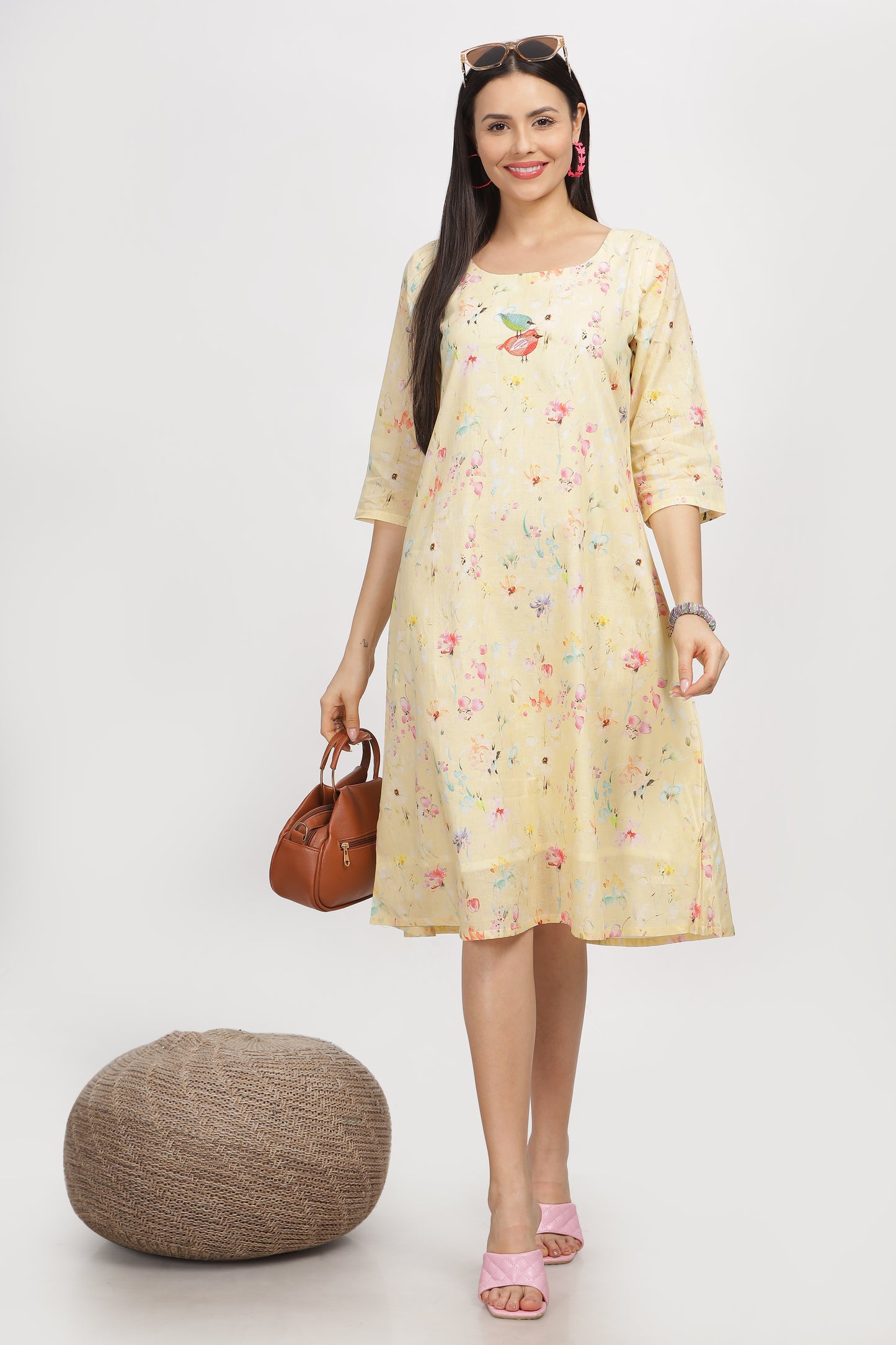 Sarita A line digital printed  linen dress with embroidery and lining