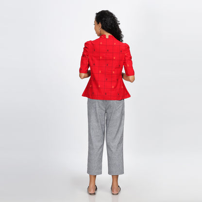 GATSBY Peplum hand-woven top with stylized sleeves, embroidered hem and cotton lining