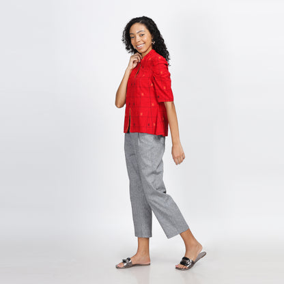 GATSBY Peplum hand-woven top with stylized sleeves, embroidered hem and cotton lining